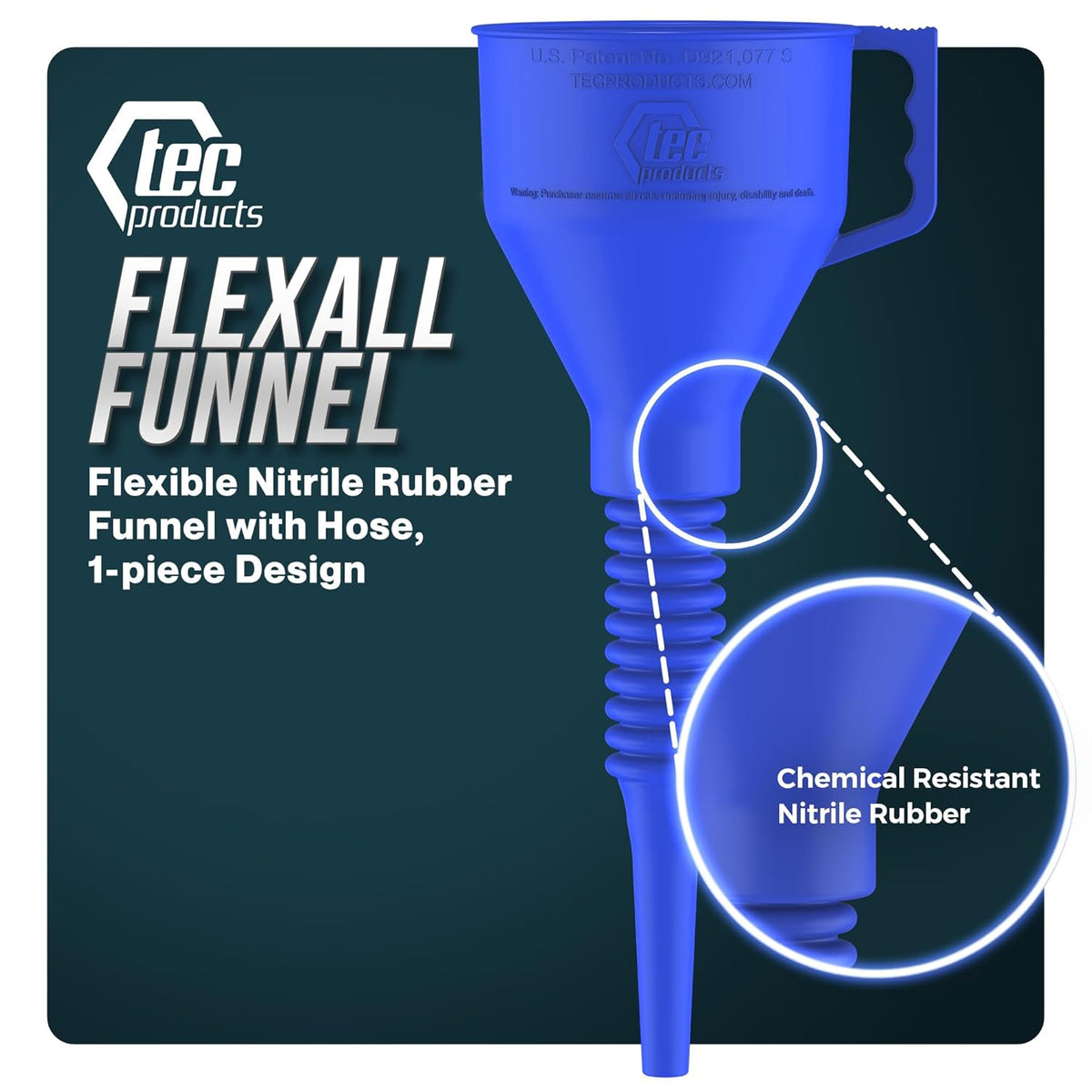 TEC Products FlexAll Long Flexible Funnel for Automotive Use - Durable Nitrile Rubber - Ideal for Car Oil Change, Transmission Funnel Fluid, Diesel, Fuel, Gas - Made in USA - Blue (16 x 5 Inches)