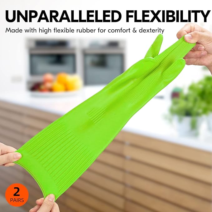 Vgo 2-Pairs Dishwashing Gloves, Reusable Household Gloves, Long Sleeve, Thick Latex, Cleaning, Washing, Working, Painting, Gardening, Pet Care (Size M, Green, RB2143)