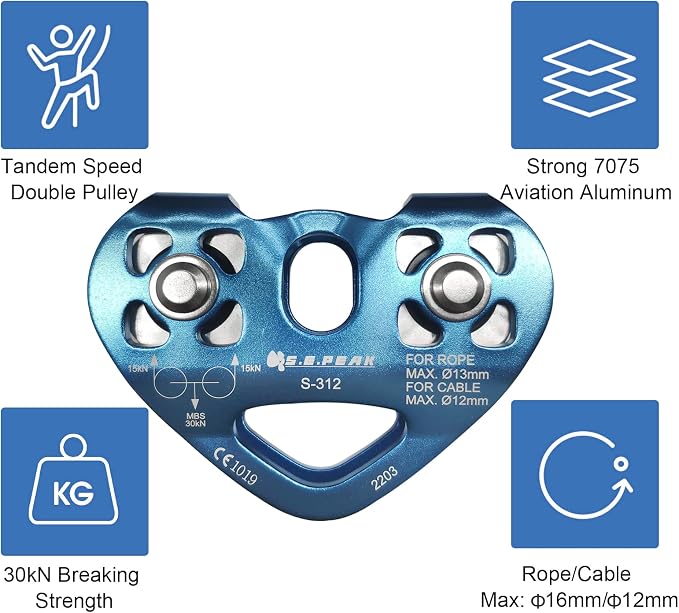 SEPEAK CE 30kN Tandem Speed Double Pulley with 1 Steel 25kN Clip, Zip Line Trolley for Backyard Zipline, Climbing & Rock Rescue Lifting, Fits Cable up to 1/2 Inches/Holds Up to 6750lbs