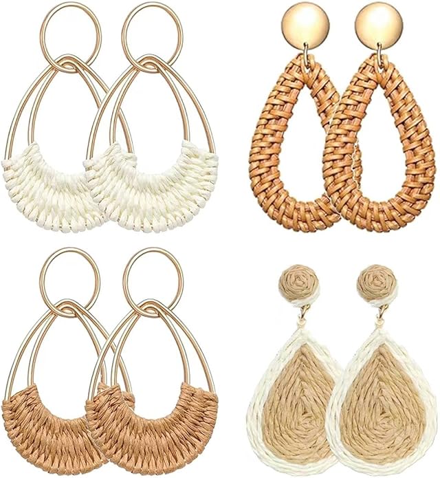 4 Pairs Handmade Raffia Rattan Bohemian Round Drop Dangle Earrings for Women, Boho Statement Cute Fun Hoop Earrings Set