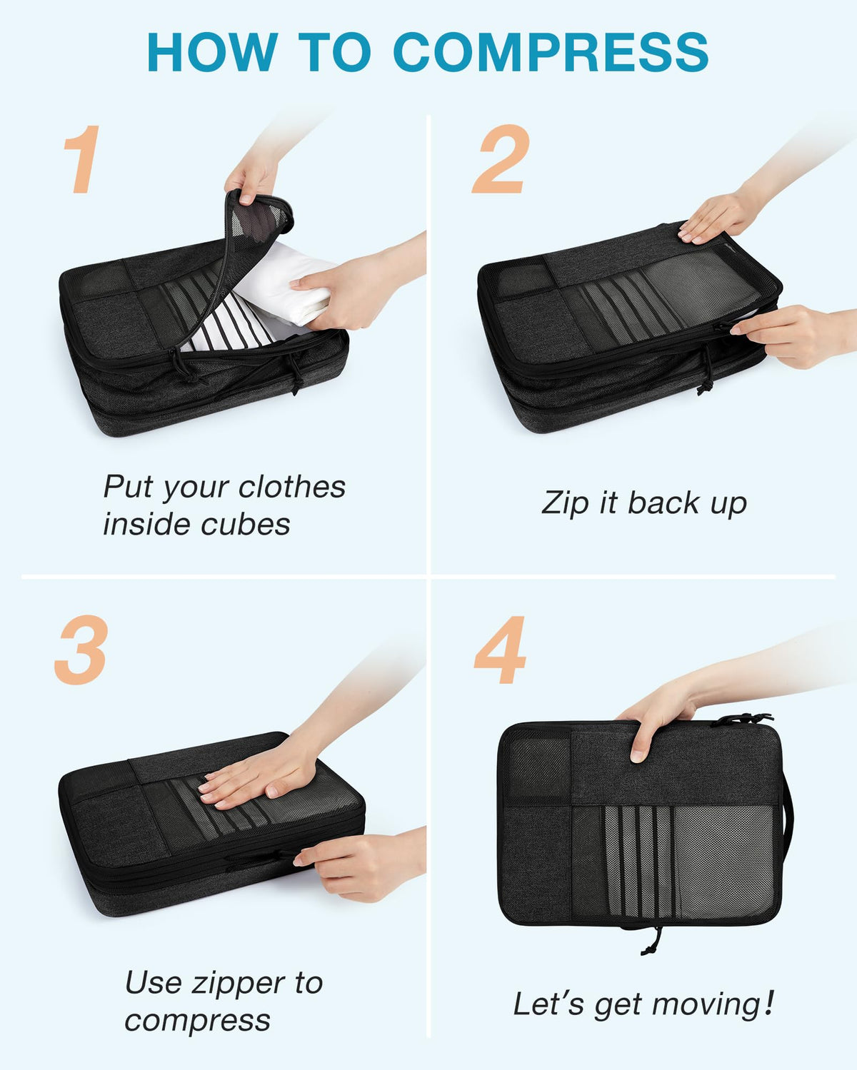 BAGSMART Compression Packing Cubes for Travel, 4 Set Packing Cubes for Carry on Suitcases, Compression Travel Cubes & Suitcase Organizer for Packing with Shoe Bag Black