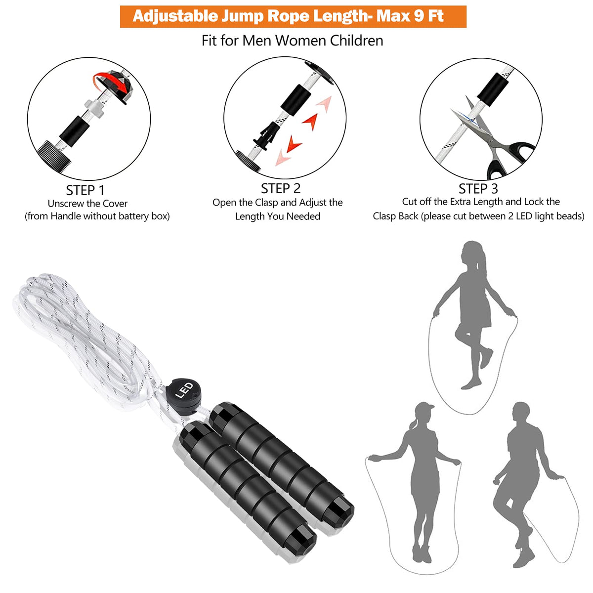 LED Jump Rope with Lights, USB Rechargeable Light Up Jumping Rope for Men Women Multi-color Glowing Skipping Rope for Light Show, 9 Ft -Adjustable