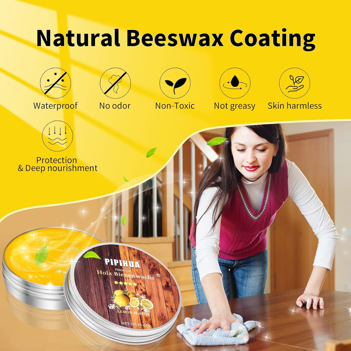 PIPIHUA Beeswax Polish and Conditioner for Wood Furniture - Waterproof & Restorer Wood Wax, Multipurpose Beeswax Furniture Polish and Cleaner for All Types and Colours, Lemon(100g with Sponge)