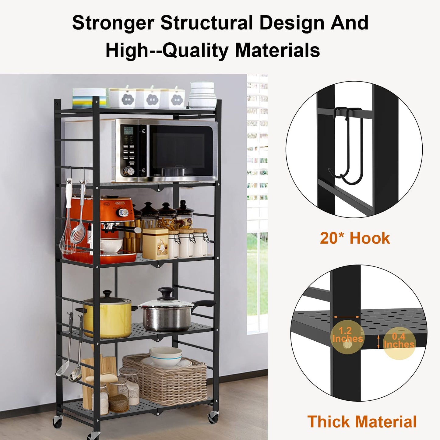 Himix Storage Shelves with 20 Hooks, 5-Tier Collapsible Organization Storage Rack Bookshelf Folding Pantry Shelves Cube Shelf Wire Shelving Holds 440 Ibs for Garage Kitchen Room, Black