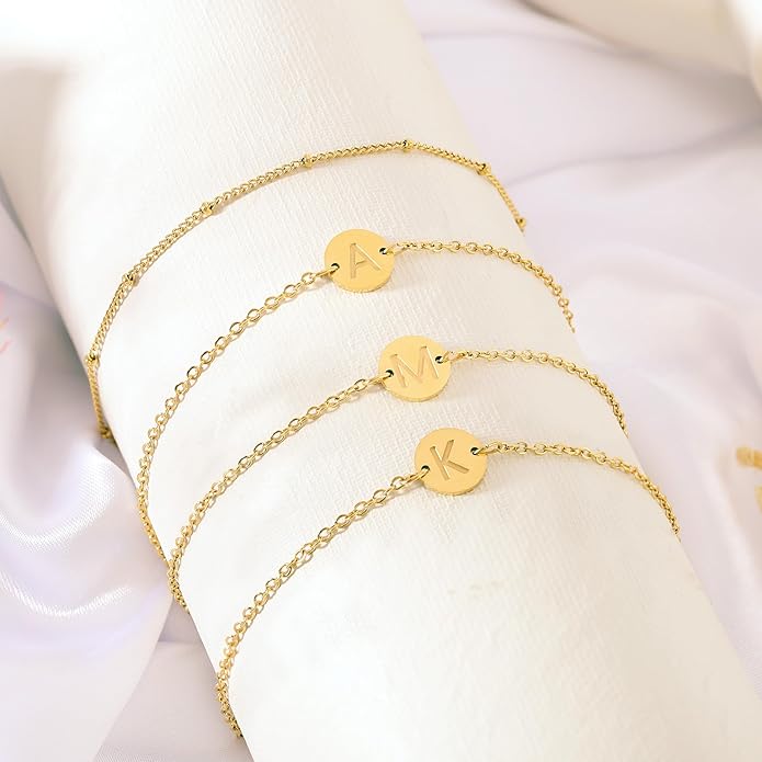 Valentines Day Gifts Initial Bracelets Gifts for Women Trendy - 18K Gold Plated Letter Bracelet Dainty Disc Monogram Charm Bracelet