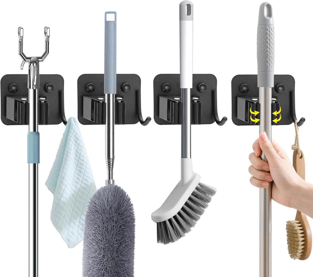 Broom Holder Wall Mount with Screws (4 Pack) Broom and Mop Organizer Wall Hanging, Anti-Slip Mop Holder Broom Hanger with Hooks, Stainless Steel Tool Rack for Garden Garage Organization