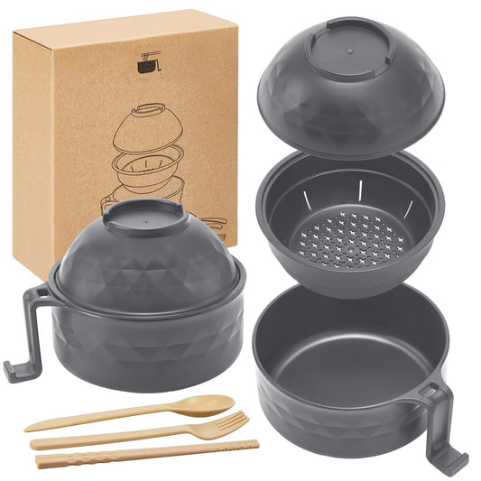 1 Set Microwave Ramen Cooker 40oz Wheat Straw Microwave Noodle Bowl Set with Chopsticks, Spoon, Fork, College Dorm Office Apartment Essentials (Gray)