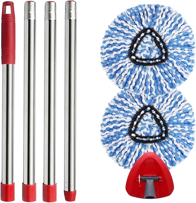 Small Spin Mop Replacement Head for O Cedar RinseClean 2-Tank System, 2 Fluffy Microfiber Mop Refills with 1 Small Base & 4-Section 30-58in Mop Handle, Replace Heads for Deep Clean, Machine Washable