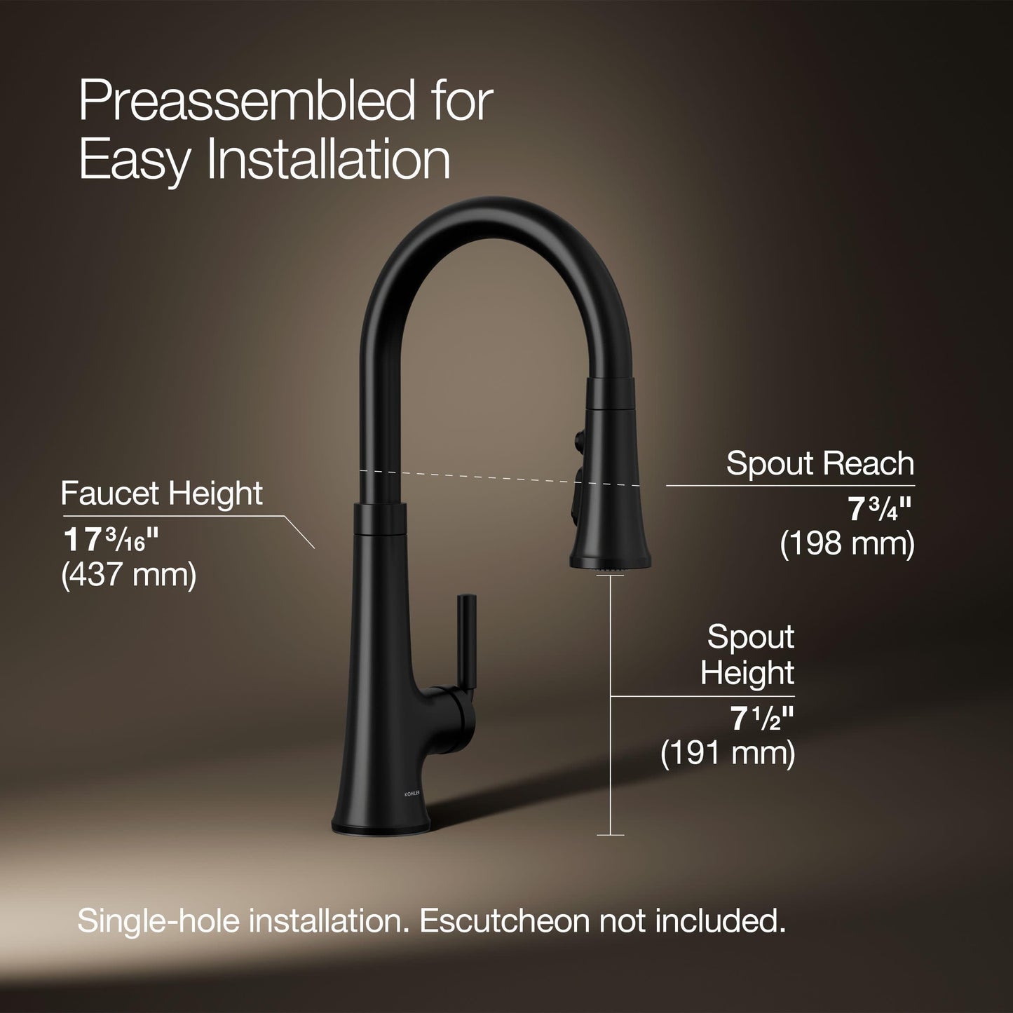 Kohler 23764-BL Tone Pull Down Kitchen Faucet, Kitchen Sink Faucets with Pull Down Sprayer, Matte Black