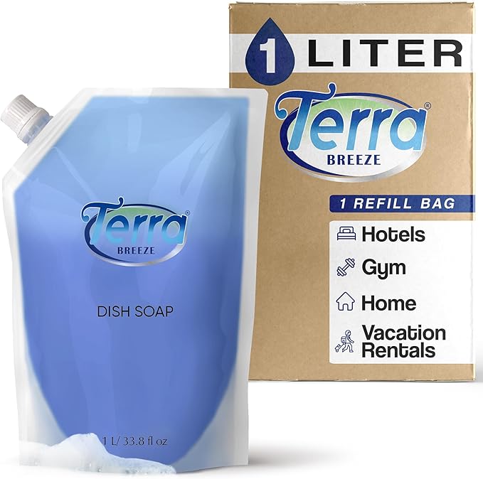 Dish Soap Refill Bag | Non-Toxic, Gentle on Skin | Eco-Friendly Dishwashing Solution for Home Kitchens, Restaurants, and Vacation Rentals | 1 Liter Refill For Small Dispensers