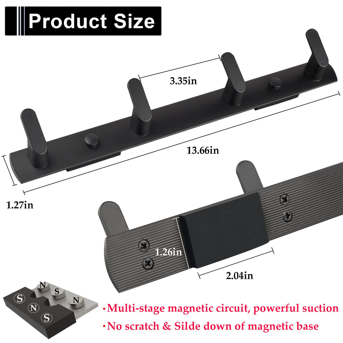 ULIBERMAGNET Magnetic Hooks,Heavy Duty Coat Magnetic Rack,Strong Rubber Magnetic Hanger for Refrigerator,Metal Cabinet,Hanging Coat, Towel, Bag, Backpack(Matte Black/4 Hooks)