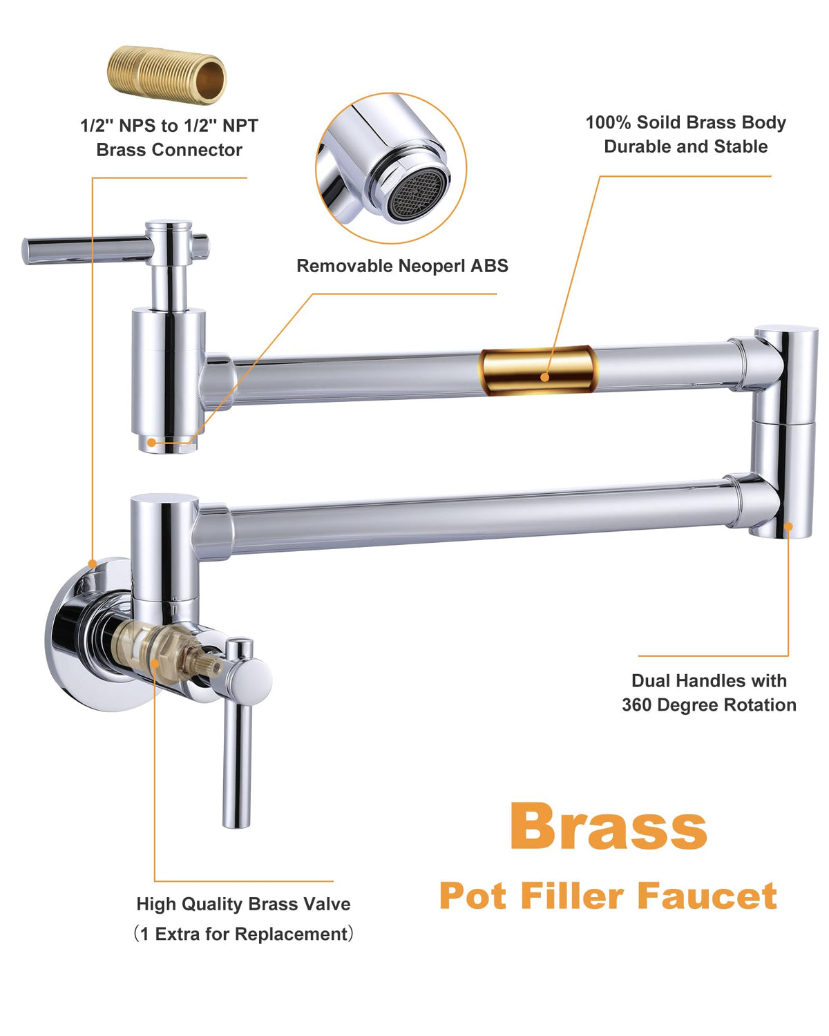 iVIGA Wall Faucet, Pot Fillers Wall Mount for Kitchen, Solid Copper Chrome Pot Filler Single Hole Folding Faucet with Double Joint Swing Arm Pot Filler Over Stove