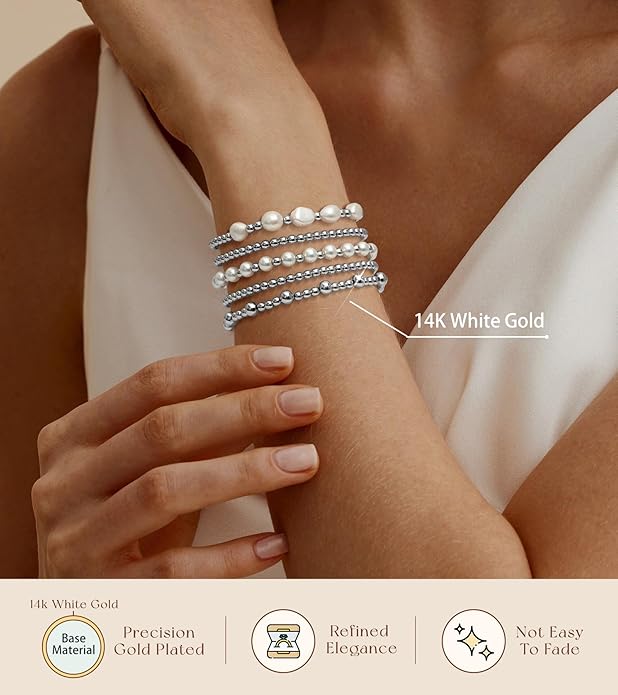 adoyi Gold Bracelets for Women Beaded Bracelet 14K Gold Plated Bracelet Stack Strand Stretch Bead Ball Bracelet Set Stackable Bracelet Adjustable Bracelet Set Jewelry for Gifts