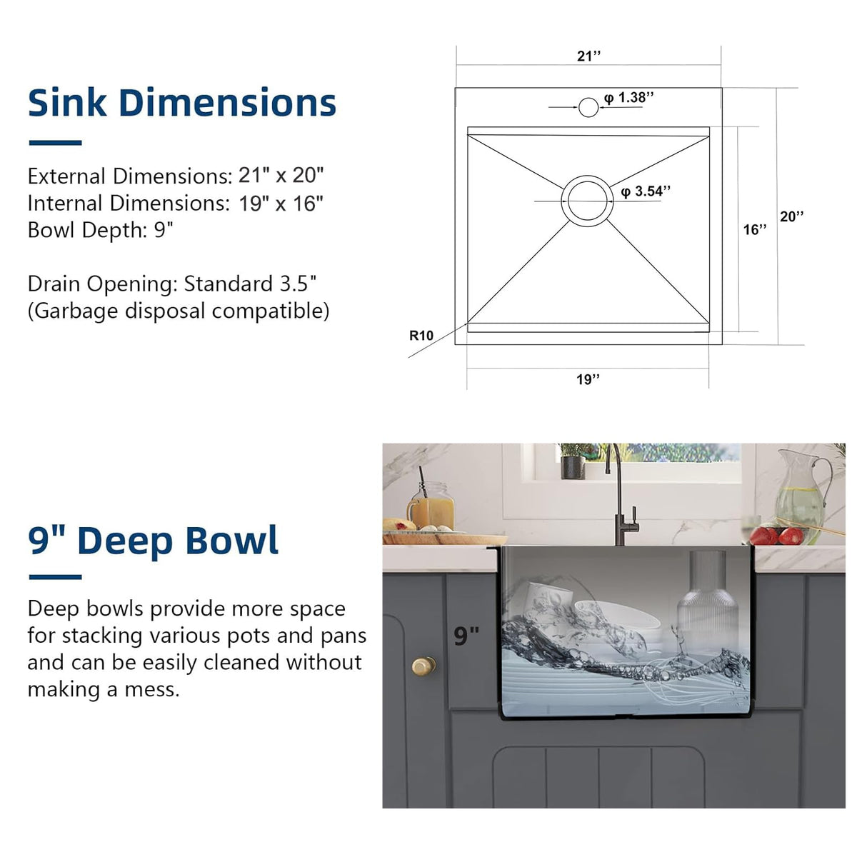 IKEBANA 21x20 inch Black Kitchen Sink, 21 inch Drop in Bar Sink, Stainless Steel 16 Gauge Small Topmount Workstation Sinks, Single Bowl Kitchen Sinks for Prep Rv Laundry Wet Bar With Accessories