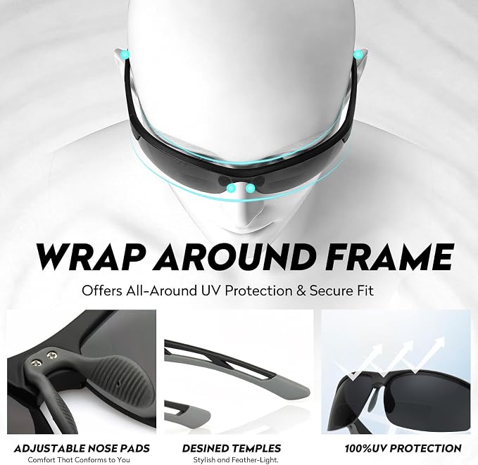 Missfive 2 Pack Mens Preferred Bifocal Sunglasses with Readers Built in, Sporty Semi-Rimless Wrap Dark Reading Glasses UV400 Protection, Adjustable Nose Pad Sun Reader for Outdoor/Driving +1.25