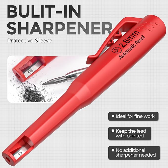Nicpro CP3000 Carpenter Pencil with Sharpener, 2 Pack Mechanical Pencils Set with 38 Refills, Deep Hole Marker for Construction, Heavy Duty Carpenter Tools for Architect Marking (Black, Red)