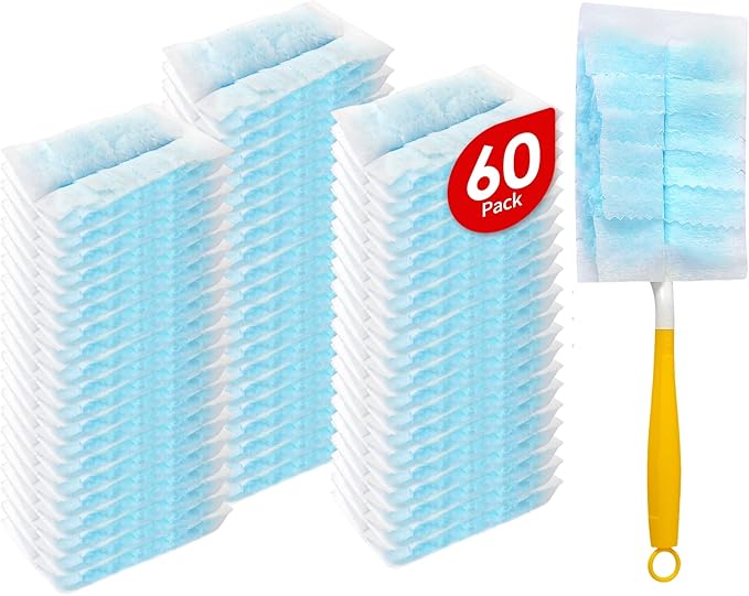 60 Count Microfibre Feather Duster Refills Compatible with Swiffer Dusters, Disposable Static Dust Removal Refills, Multi-Surface Duster with 1 Pcs Short Handle(Unscented, Pack of 1)