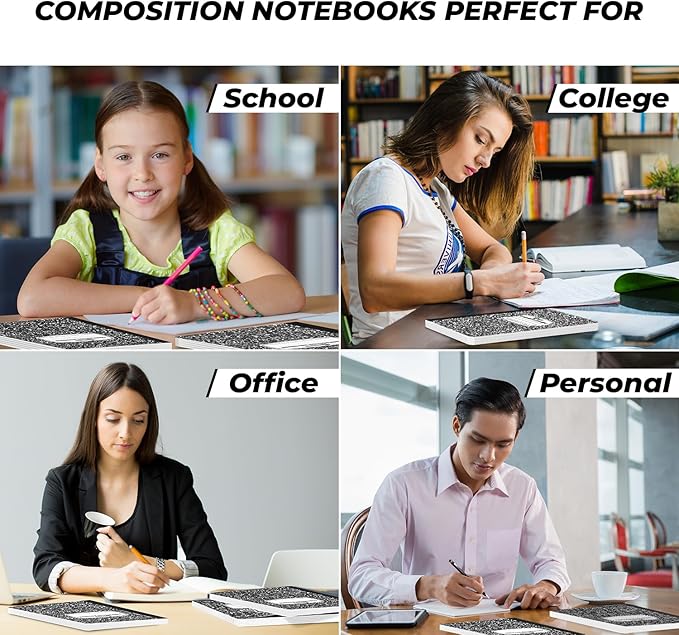 12 Pack Composition Notebook College Ruled Bulk, 200 Pages (100 Sheets), 9-3/4 x 7-1/2, Hard Cover College Ruled Notebook Bulk, Black Marble Composition Notebook College Ruled, Bulk Notebooks