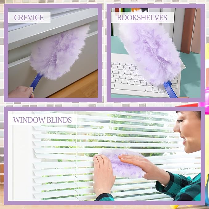 Vesici 100 Pcs Duster Refills Compatible with Swiffer Dusters Bulk Disposable Replacement Thickened with 1 Handle Heavy Duty for Cleaning, Office (Purple)