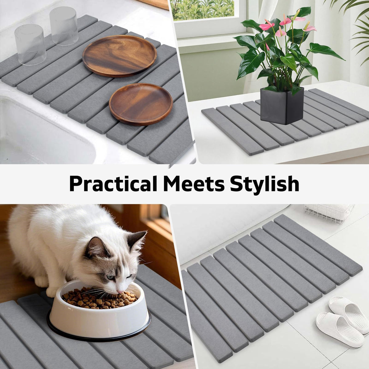 Stone Dish Drying Mat for Kitchen Counter – Collapsible 24"(L)×16 (W) Super Absorbent Diatomaceous Earth Dish Drying Mat, Grey Kitchen Counter Mats for Dishes ,Bottles, Cups, Match Any Countertop