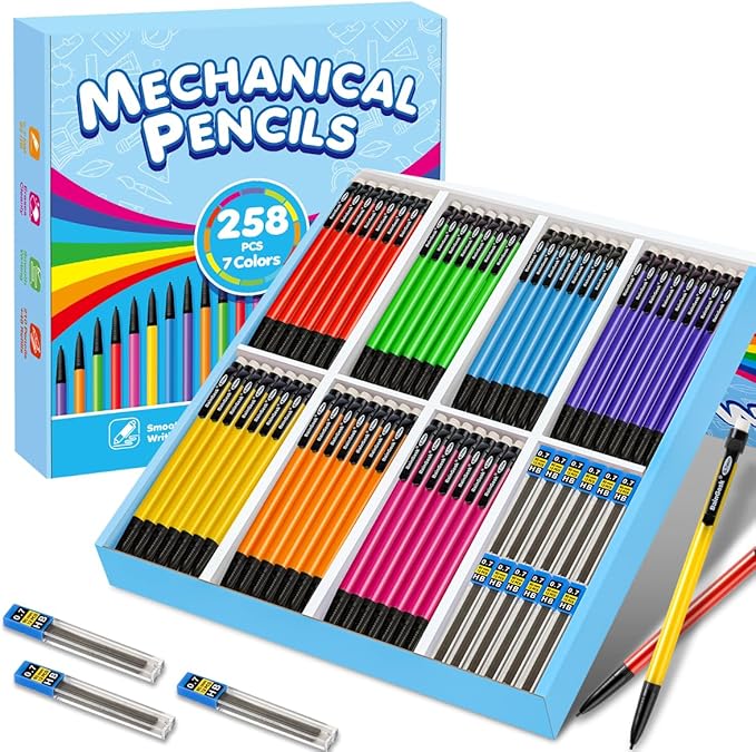 Mechanical Pencils, 0.7mm Medium Point, HB #2 Lead, 210 Pack Bulk Mechanical Pencils and 48 Tubes Refills, Assorted Colored Barrels, Office School Supplies