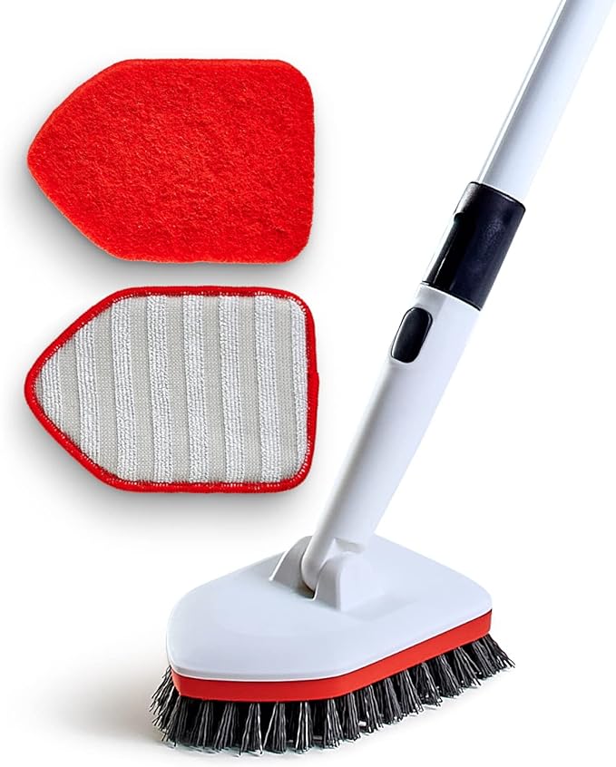 Shower Scrubber 3 in 1 Extendable Long Handle 58" Cleaning Brush - Non Scratch Shower Brush for Cleaning Bathroom Kitchen Toilet Wall Tub Tile Sink (Red)