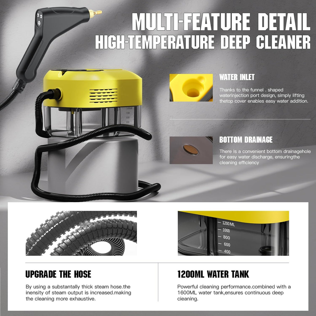 Steam Cleaner for Home＆Kitchen, 212°F High Temperature, 1200ML Tank, Portable Handheld Steam Cleaner for Car Carpet Detailing Window Floor Couch Grease Tile, Pressurized Steamer for Cleaning
