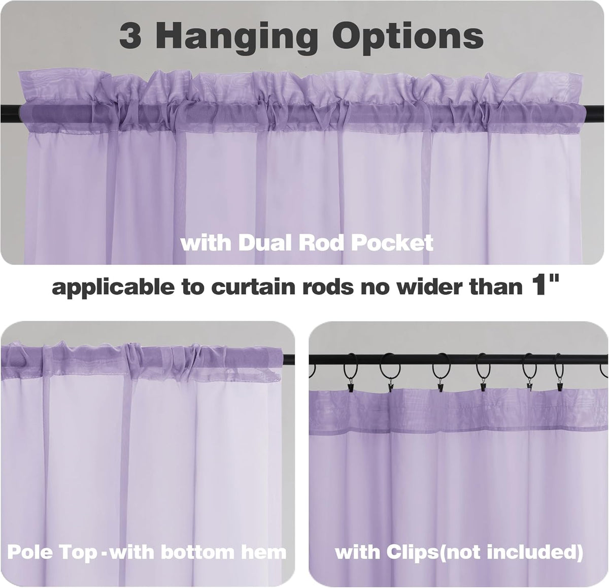 Chyhomenyc Sheer Valances for Windows 2 Pack, Small Window Curtains for Living Room Bathroom Cafe Laundry Basement, Modern Top Dual Rod Pocket Voile Curtain, 42W x 18L inches, Lilac
