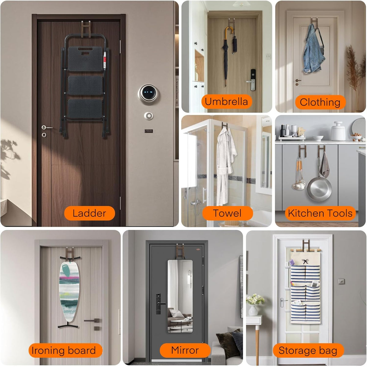 FYY Over The Door Hooks - 4 Pack Heavy Duty Dual-Hook Organizer Hanger with Non-Slip Rubber for Towels, Clothes, Hats & Bags Use in Bathroom, Bedroom, Kitchen - Fits Interior Doors Up to 1 3/8" Brown