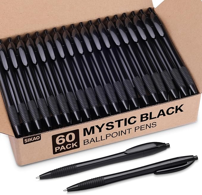 Black Pens Bulk Gripped Slimster Retractable Ballpoint Pen Medium Point Black ink Smooth Writing Pens for Journaling (60Pack)