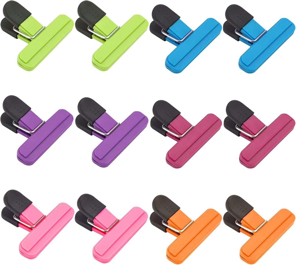 OWLKELA Chip Clips, 12 Pack Colors Wide Open Bag Clips for Food Storage, Heavy Duty Seal Grip Plastic Food Clip for Snack, Food Packages (3 inch x 2.5 inch)