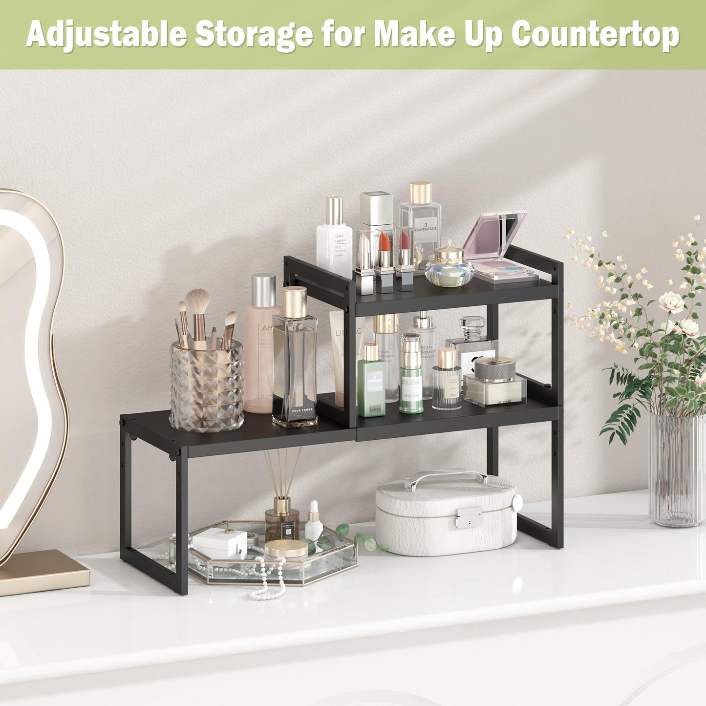 DOLALIKE Expandable kitchen Countertop Organizer, Stackable Cabinet Shelf Organizers, Space Saving Spice Rack Pantry Storage for Bathroom Office (Black, 1 Pack)