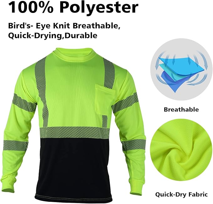 VENDACE 3 Pcs Safety T Shirts Reflective High Visibility Hi Vis Long Sleeve Construction Work Shirts for Men (Mixed,L)