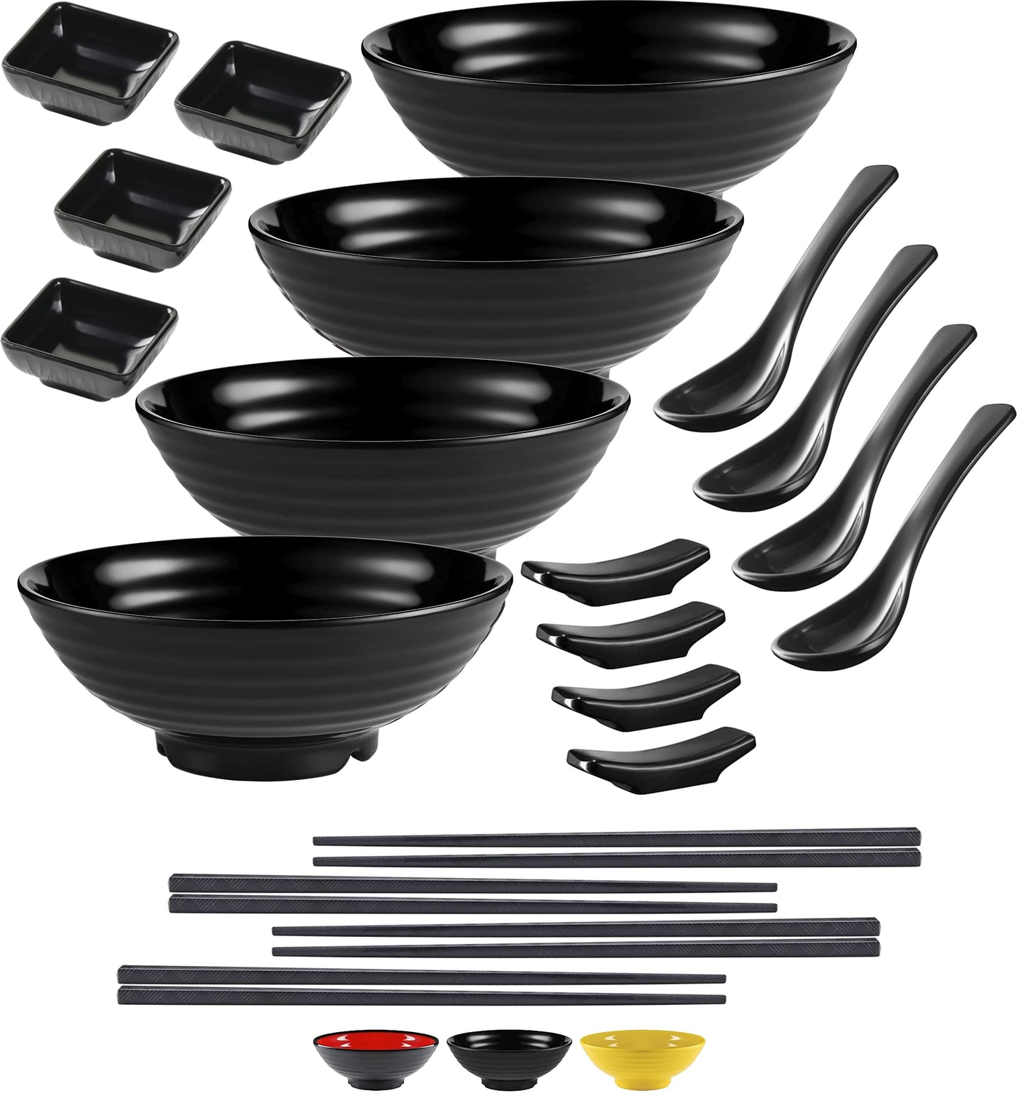 Practimondo 4 Noodle Bowls Set - large 32oz Ramen Bowl Set for authentic Asian Cuisine - with Dipping Bowls, Spoons, Chopsticks & Chopstick Stands. Enjoy Thai Miso Udon Wonton (4 Bowl Set, Black)