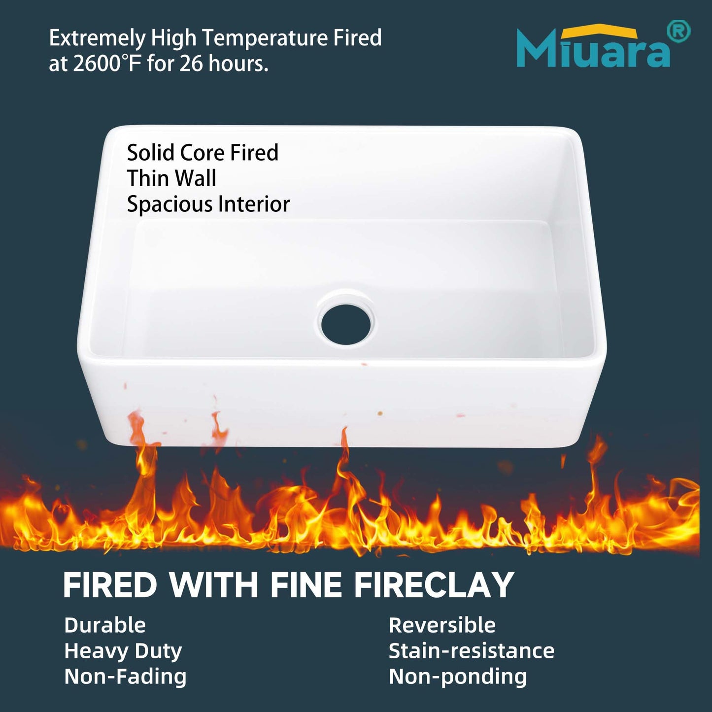 Miuara Farmhouse Sink 30 Inch - White Apron Front Kitchen Sink Reversible 30"x18", Undermount Farm House Style Single Bowl, Heavy Duty Solid Fireclay, Glossy White, for Kitchen & Laundry