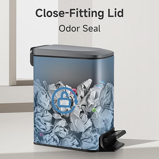 TIPGO Slim Bathroom Trash Can with Lid Soft Close, 6 Liter / 1.6 Gallon Stainless Steel Garbage Can with Removable Inner Bucket, Step Pedal, Small Trash Cans for Bedroom, Office, Kitchen (Grey)
