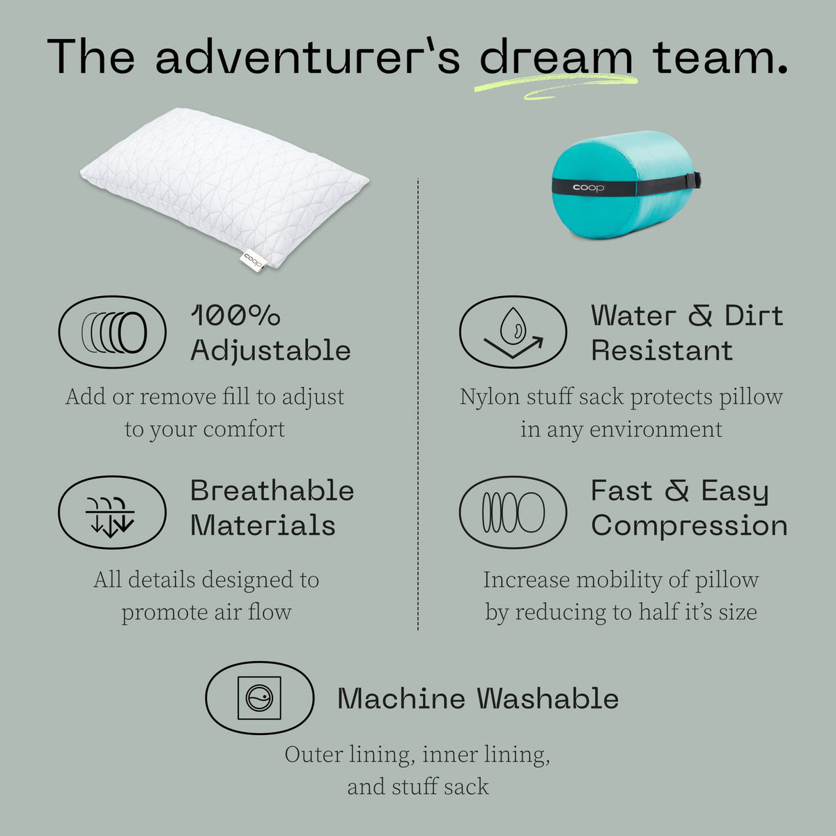 Coop Home Goods Original Travel and Camping Adjustable Pillow, Small Camping Pillow with Compressible Stuff Sack, Medium-Firm Memory Foam with Lulltra Washable Cover, CertiPUR-US Certified (19x13)