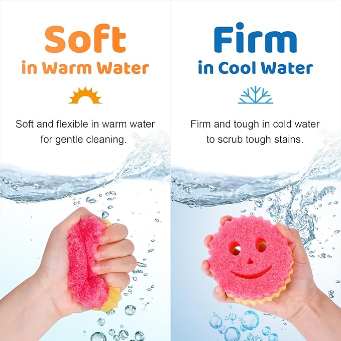 12 Colorful Smile Scrub Sponges, Temperature Controlled Dish Sponge, Double Sided Bulk Kitchen Sponges for Cleaning, Multi Functional Cleaning Sponge for Kitchen, Bathroom, Floor