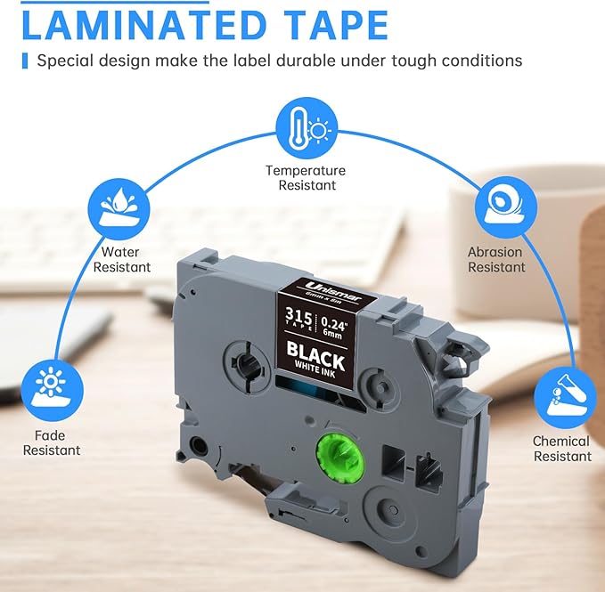 Unismar Compatible for Brother 6mm White on Black Label Maker Tape TZe-315 TZ315 TZe 6mm 0.23 Black Tape Work for PTD220 PTD200 PTD210 PTD600 PTD400 PTH100 PTH110 PT1280 PT1890, 1/4'' x 26.2', 4-Pack