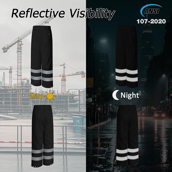 Rain Pants, High Visibility Safety Coat, Hi Vis Waterproof Work Pants, Lightweight Rain Gear for Outdoor Activities, Men Women, Black P, S-M