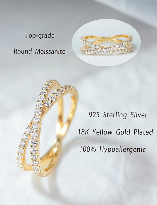 IMOLOVE Moissanite Eternity Ring, Criss Cross Wedding Bands for Women - Sterling Silver Stackable Rings Size 4-11