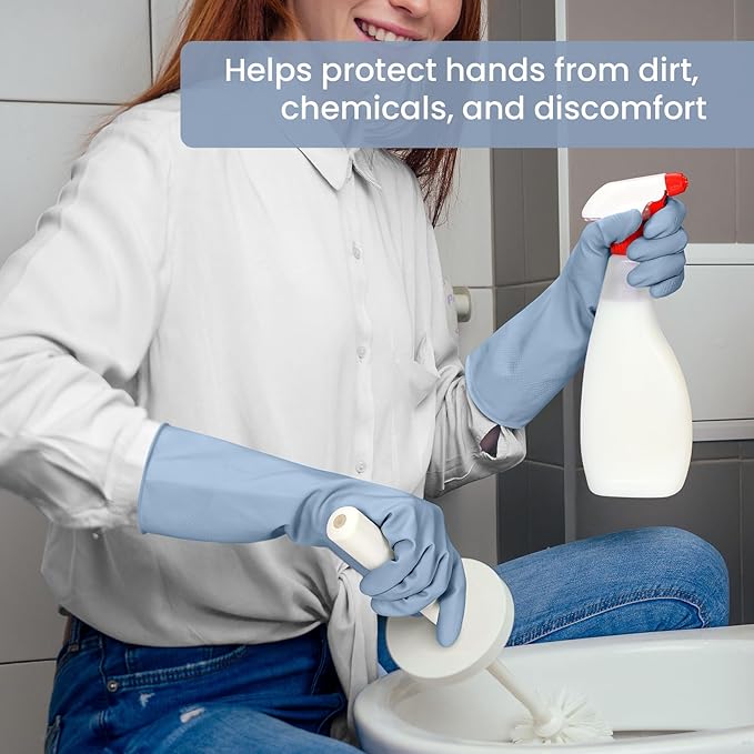 Rubber Cleaning Gloves for Dishwashing, 4 Pairs Reusable Kitchen Gloves for Washing Dishes and Household Cleaning, Blue Dish Gloves with Flocked Lining and Non-Slip Grip, Pefect for Woman Men - M