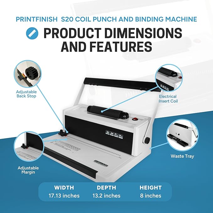 Coilbind S20 Spiral Coil Binding Machine for Office – Heavy Duty Hole Punch Electric Coil Inserter – Adjustable Margins – Clean Binding - Free Crimper Tool & 100 Coils – 4:1 Pitch – 20 Sheet Capacity