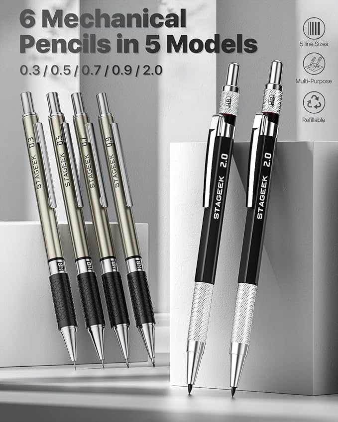 37PCS Art Mechanical Pencil Set, Drafting Pencil 5 Sizes- 0.3, 0.5, 0.7, 0.9MM & 2PCS 2.0MM Mechanical Drawing Pencils with 492PCS Leads (6B 4B 2B HB 2H 4H Color) for Artist Sketching Drawing