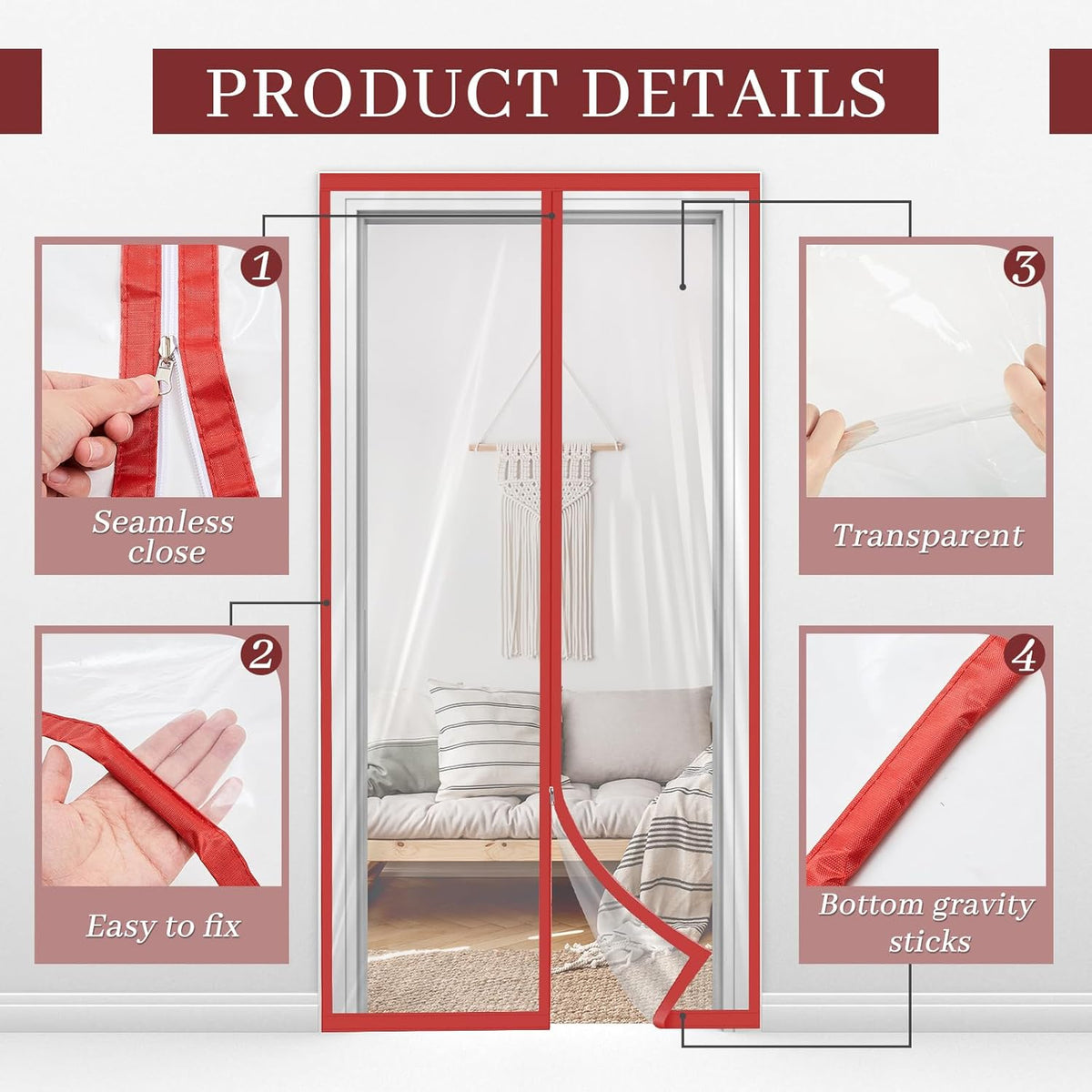 Amylove Zipper 60 x 102 Inch Dust Barrier Kit Red Edged Temporary Construction Door Barrier 5 x 8.5 ft Reusable Plastic Curtain Cover Containment Doorway Wall Screen Sheeting for Bathroom Hallway