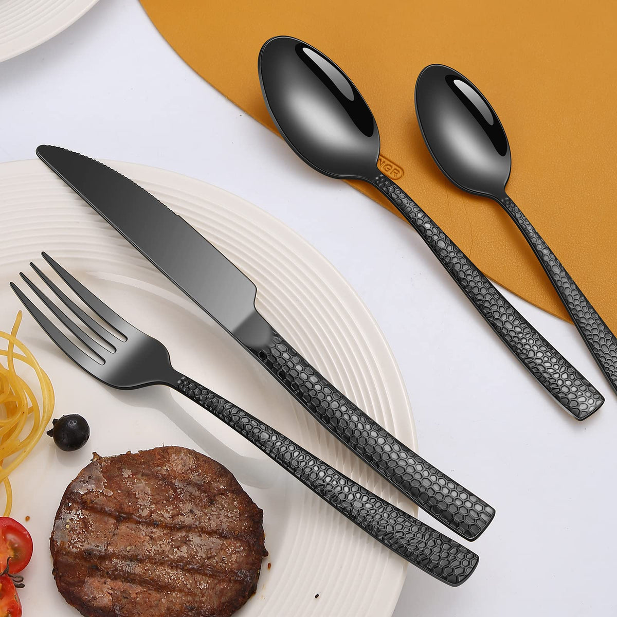 45-Piece Silverware Set with Serving Utensils Set, Black Hammered Stainless Steel Flatware for 8, Food-Grade Tableware, Including Fork, Knife, Spoon Set, Home Kitchen Cutlery, Dishwasher Safe