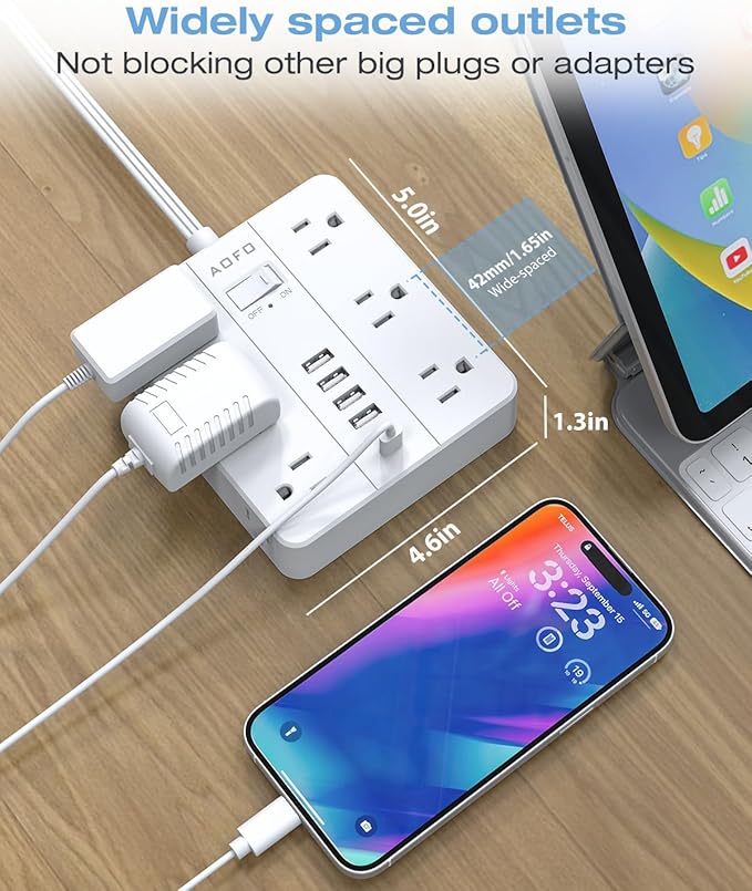 15FT Surge Protector Power Strip,12 AC Outlets with 6 USB Ports (2 USB-C), Flat Plug Extension Cord with Multiple Outlets, Wall Mount for Home Office,Dorm, White