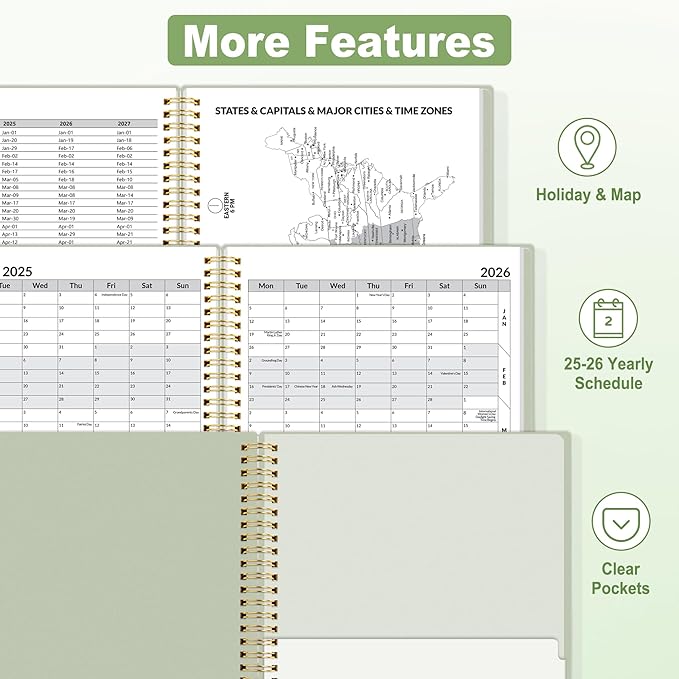 SUNEE 2025-2026 Appointment Book, Quarter-Hourly, Weekly & Monthly - from July 2025 to June 2026, 8.5"x11" Academic Planner, Flexible Cover, Note Pages, Pockets, Bookmark, Spiral Binding, Sage Green