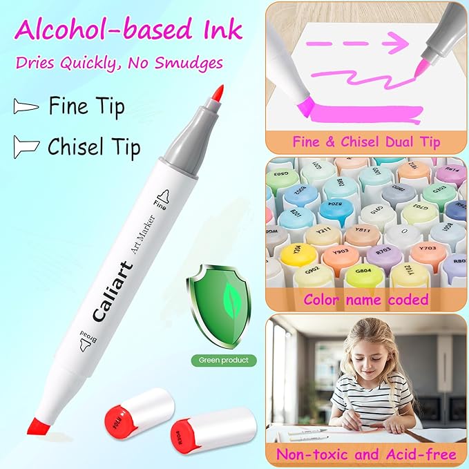 Caliart 52 Colors Fine & Chisel Alcohol Markers for Adult Coloring Book, Dual Tip Artist Sketch Art Markers, Aesthetic Cute Preppy Stuff School Supplies, Pens for Lettering Drawing Cards Planner