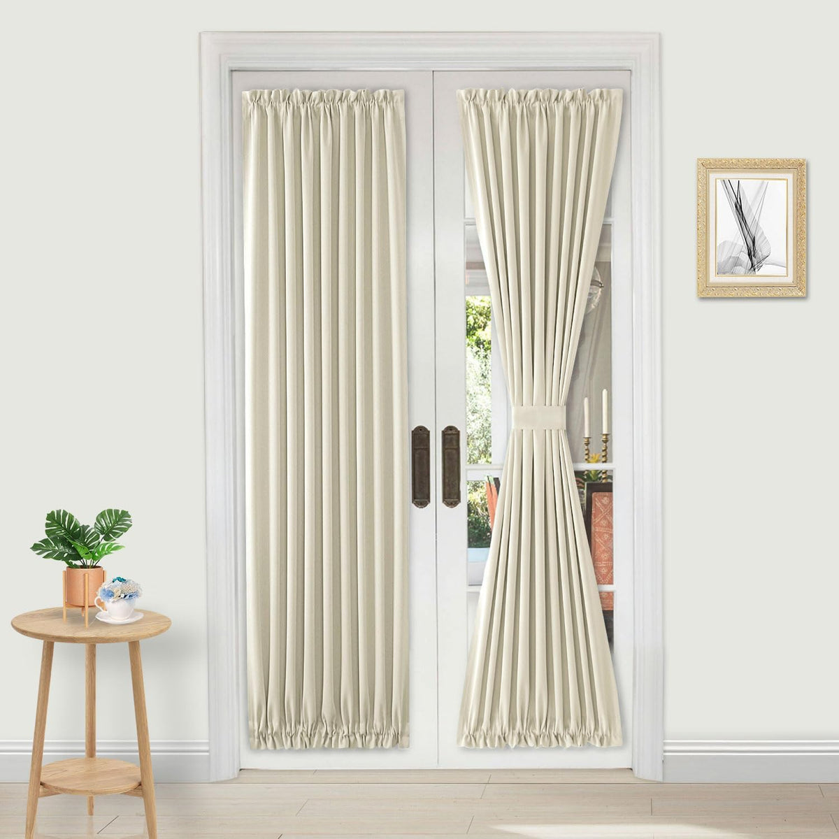 DWCN French Door Curtains â Rod Pocket Thermal Blackout Curtain for Doors with Glass Window, Kitchen and Patio Doors for Privacy, 36 X 72 Inches Long, 1 Curtain Panel with Tieback,Light Beige